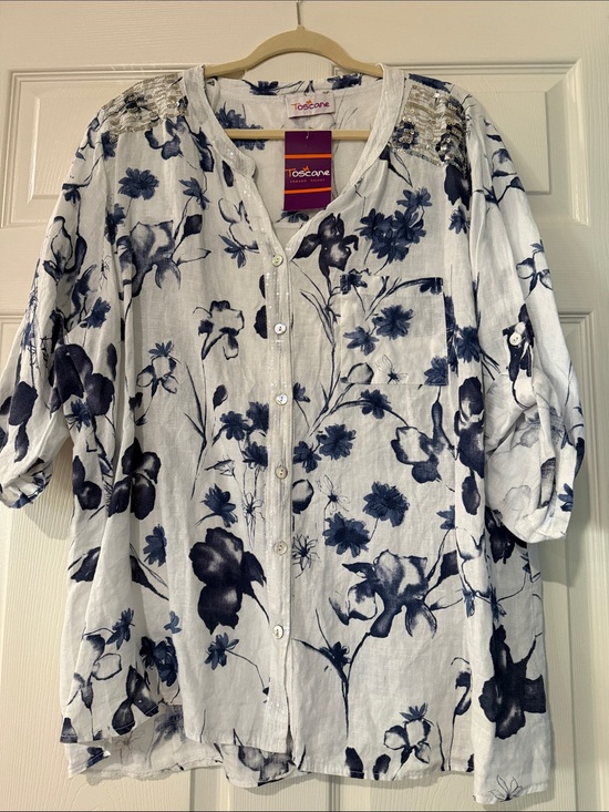 Tops - Toscane White Linen Button-Up Blouse with Navy Floral Print 100% Linen